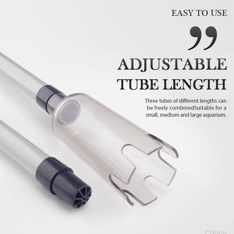 Electric Aquarium Gravel Cleaner Battery Suction Pump for Water Changes with clear tip and adjustable tube sections.