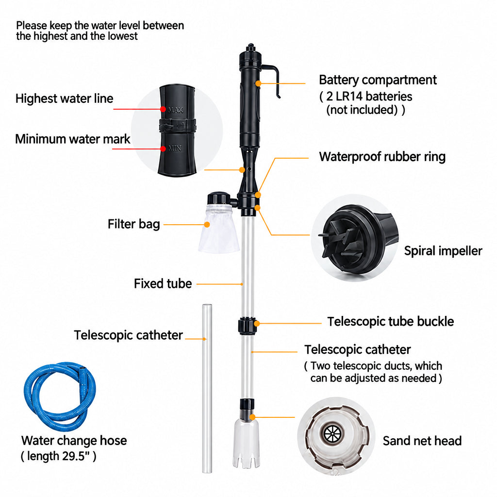 Electric Aquarium Gravel Cleaner Battery Suction Pump for Water Changes parts diagram with battery compartment and hose.
