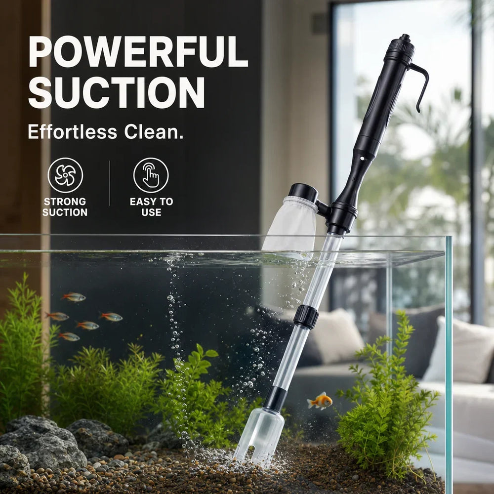 Electric Aquarium Gravel Cleaner Battery Suction Pump for Water Changes with black handle and clear tube in a tank.