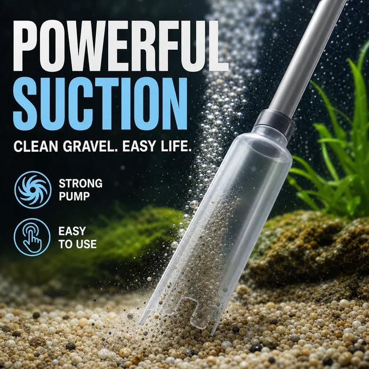 Electric Aquarium Gravel Cleaner Battery Suction Pump for Water Changes tip lifting debris from pebbles.