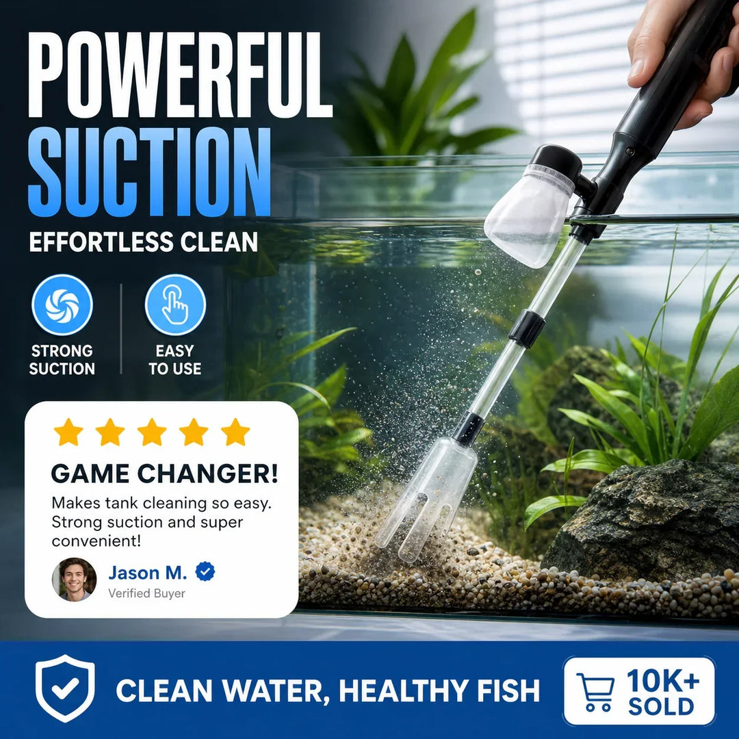 Electric Aquarium Gravel Cleaner Battery Suction Pump for Water Changes being held over gravel in a planted tank.