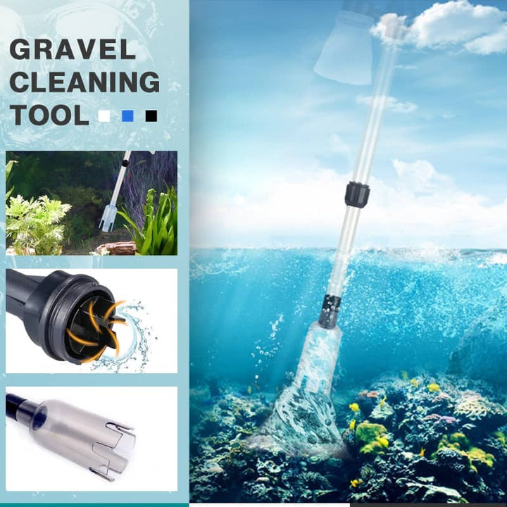 Electric Aquarium Gravel Cleaner Battery Suction Pump for Water Changes with clear tube above coral and impeller detail.