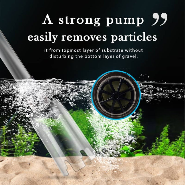 Electric Aquarium Gravel Cleaner Battery Suction Pump for Water Changes tip over sandy substrate with impeller detail.