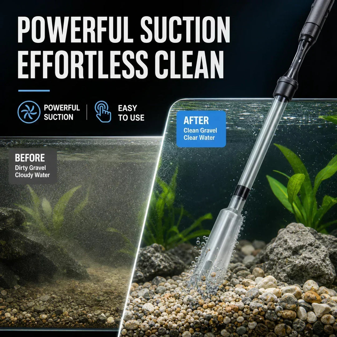 Electric Aquarium Gravel Cleaner Battery Suction Pump for Water Changes in a cloudy-to-clean aquarium comparison.