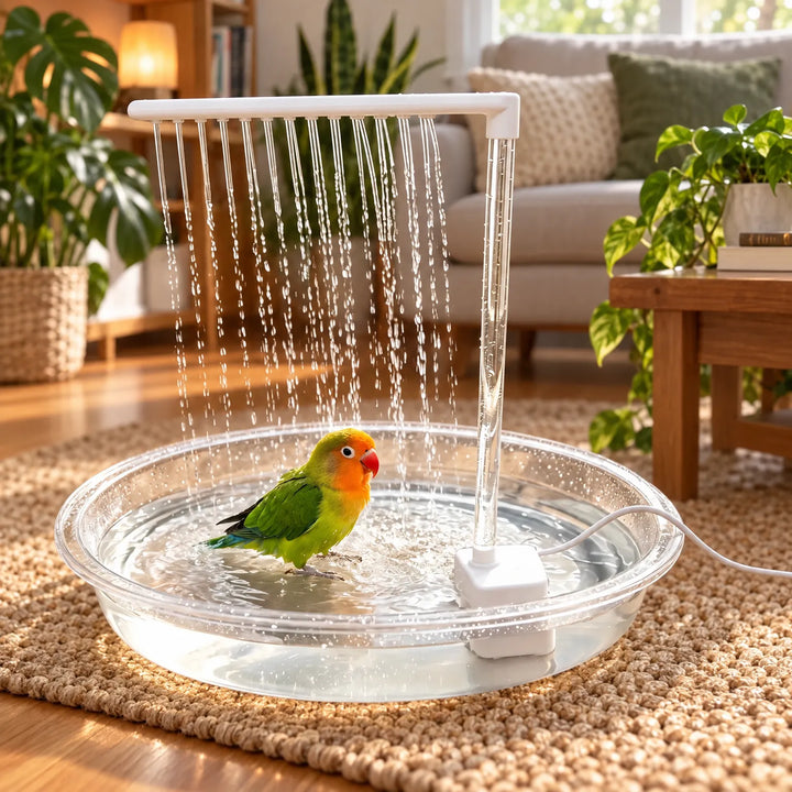 Green and orange lovebird bathing in the clear basin under falling water streams, set on a woven rug in a living room. 2