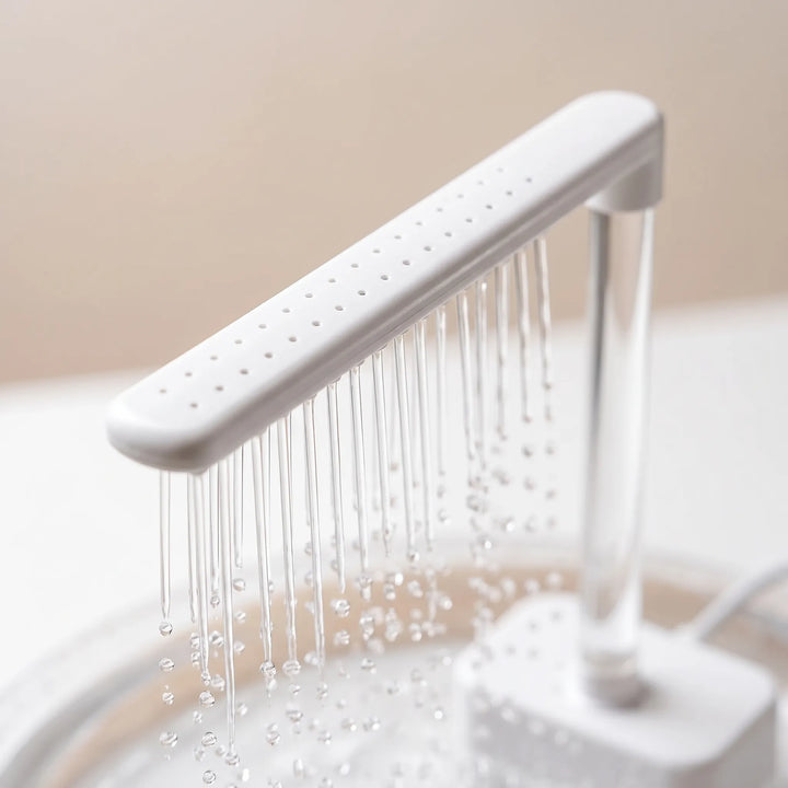 Close-up of the white shower arm with rows of small holes, thin streams of water and droplets falling from it. 3