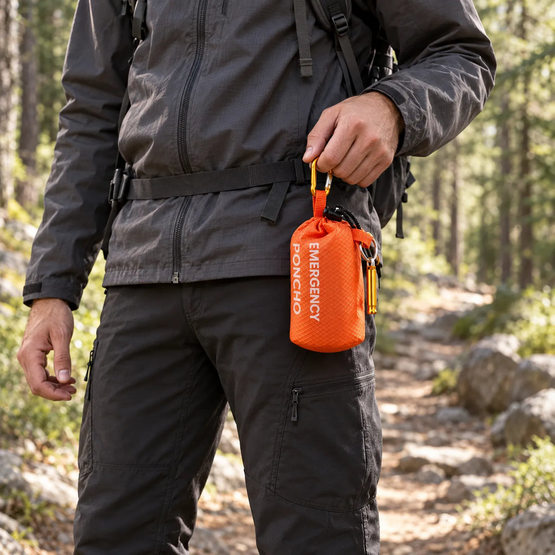 Hiker in a dark jacket on a forest trail holds the orange pouch, clipped by its carabiner, with a gold whistle. 1