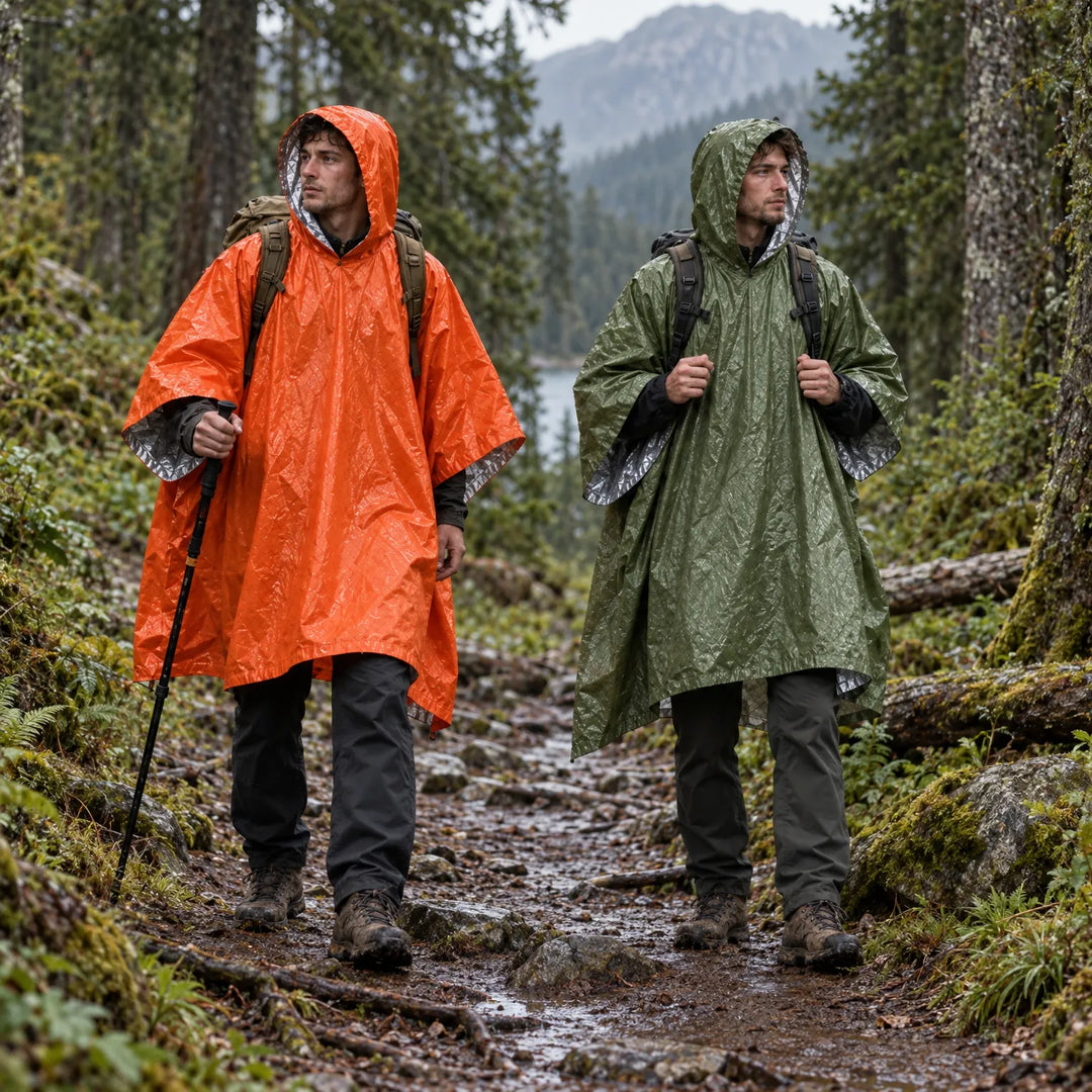 Two hikers with backpacks walk a wet forest trail in orange and olive green ponchos, silver lining visible inside the hoods. 3