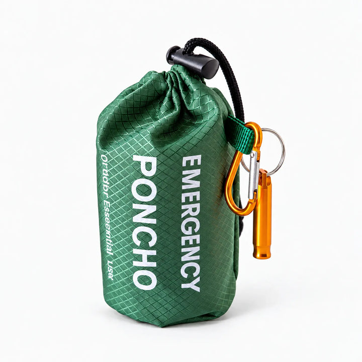Olive green drawstring storage pouch with a black cord lock, gold carabiner and gold whistle, shown on a white background. 6