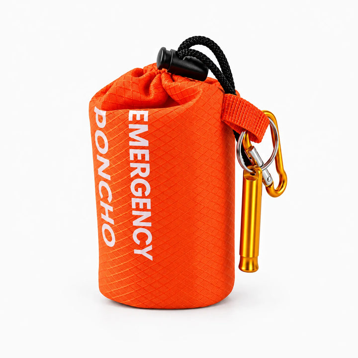 Orange drawstring storage pouch with a black cord lock, gold carabiner and gold whistle, shown on a white background. 7