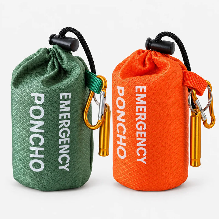 Green and orange storage pouches side by side, each with a gold carabiner and whistle attached, on a light background. 8