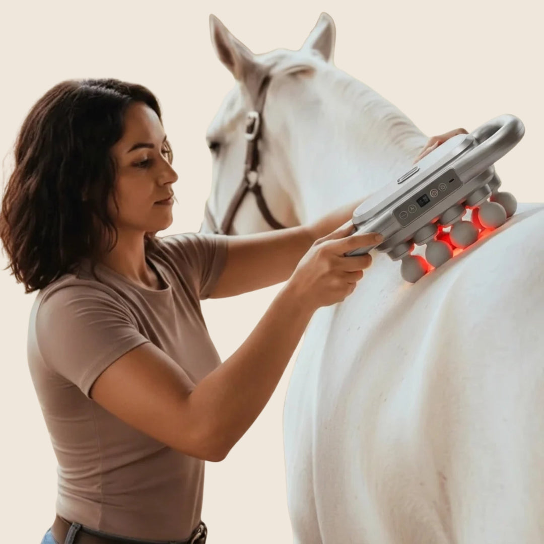 Gray handheld massager with glowing red heads against the back of a white horse.