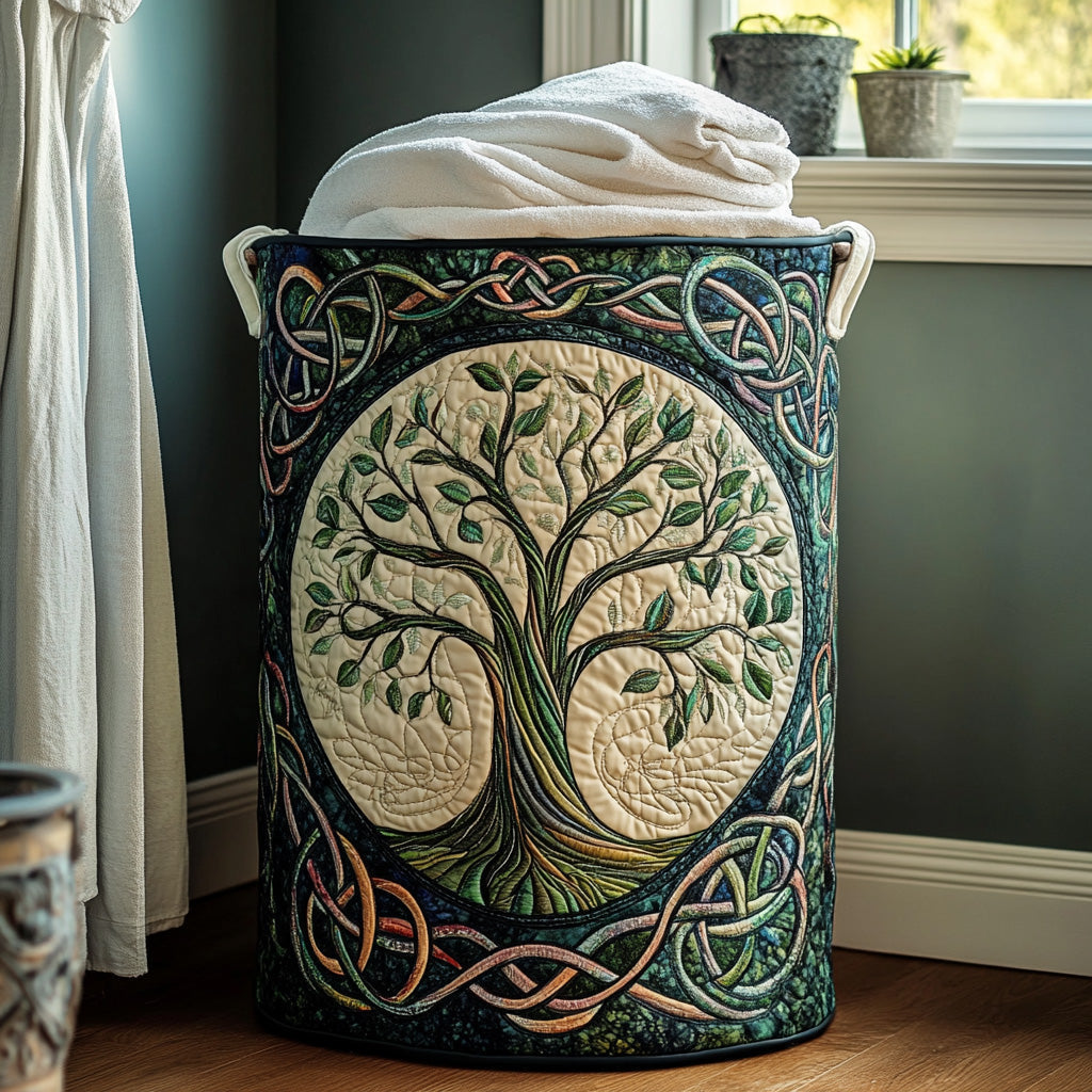 Eternal Roots Quilted Laundry Hamper with a green tree of life print on beige fabric, filled with white towels.