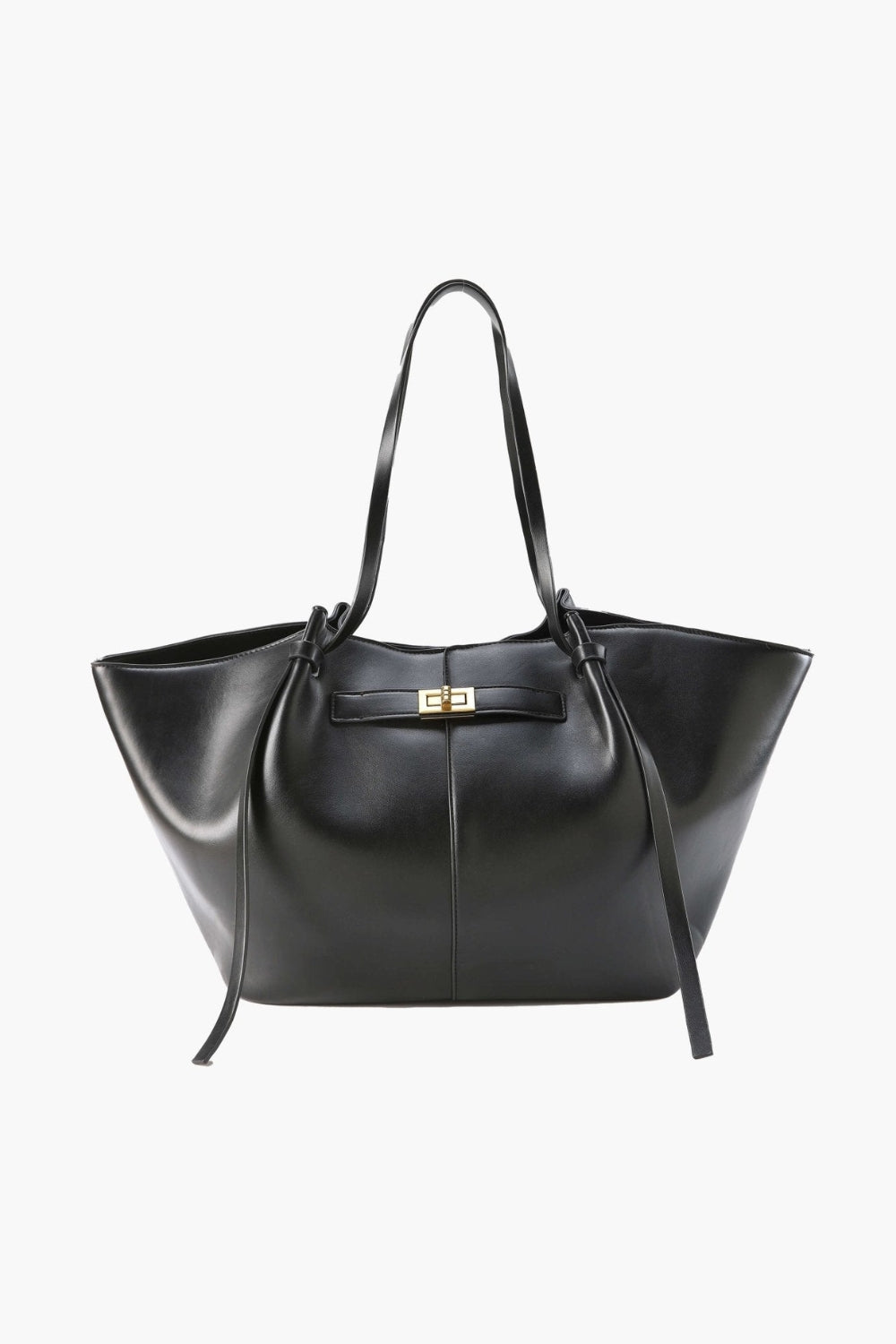 Black nylon tote with two long shoulder straps, gold twist-lock on the front strap and knotted side ties, shown on white.
