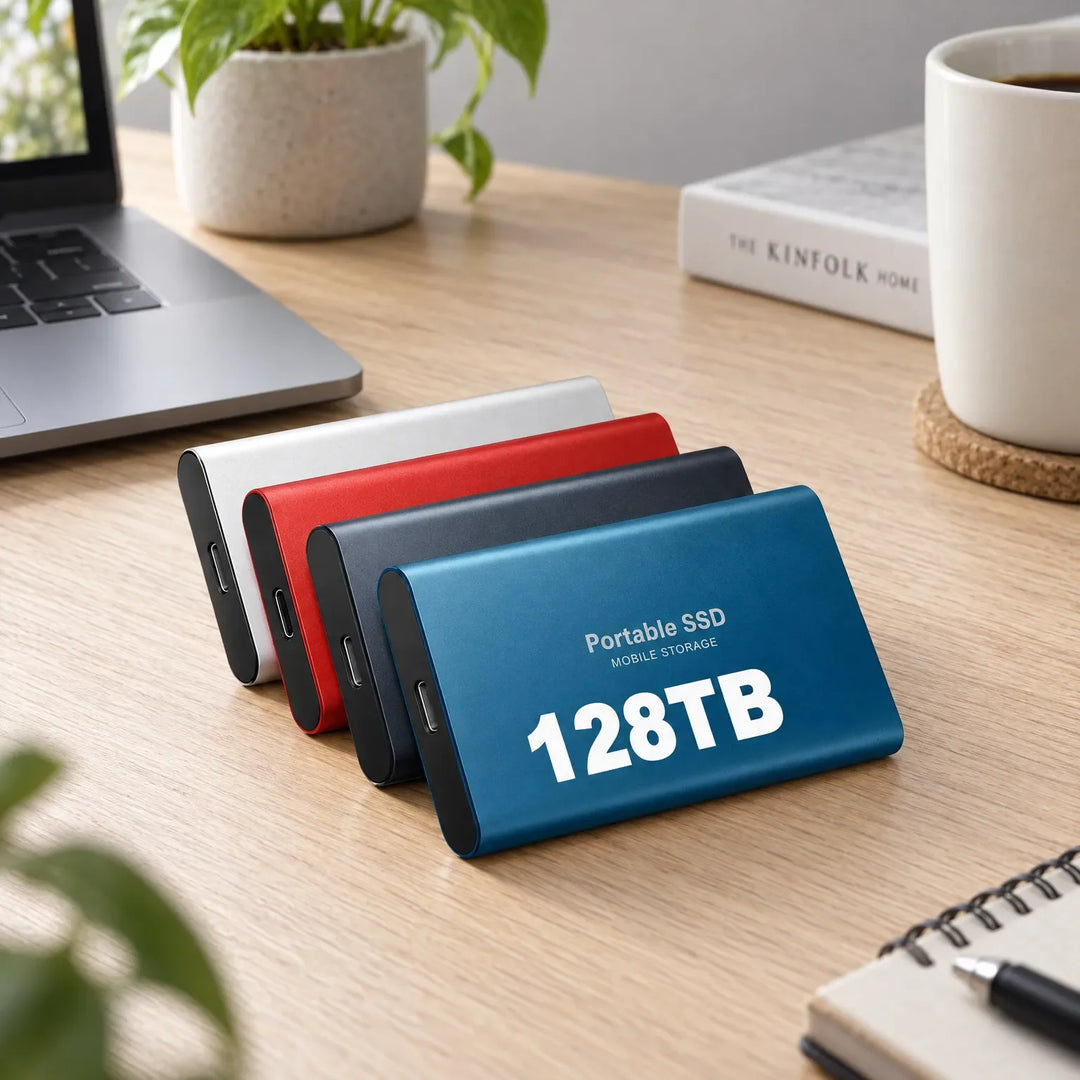 Four slim metal portable drives in silver, red, dark gray and blue, lined up on a wooden desk beside a laptop. 1