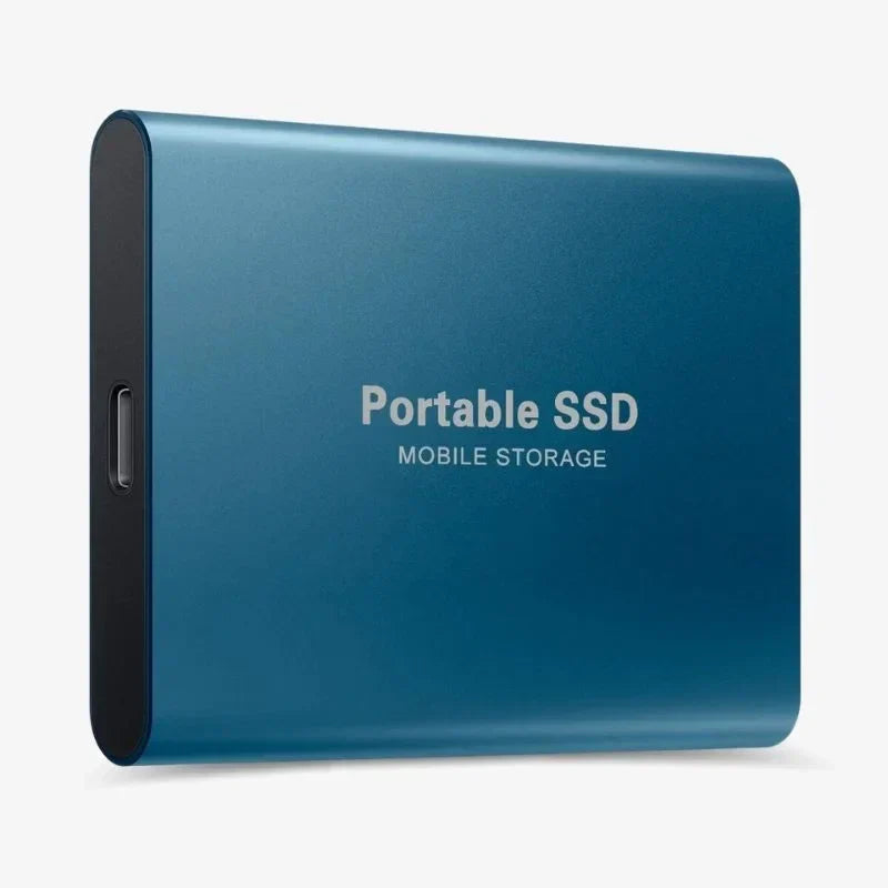 Blue drive detail showing its brushed metal face and the USB-C port on its short edge.