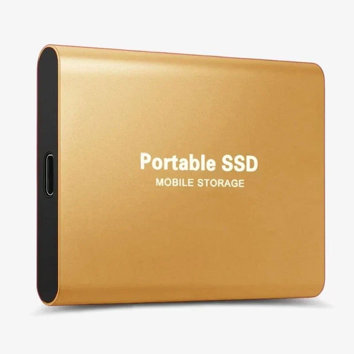 Gold drive detail showing its brushed metal face and the USB-C port on its short edge.