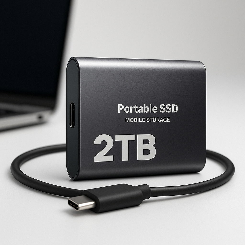 Dark gray portable drive with a coiled black USB-C cable.