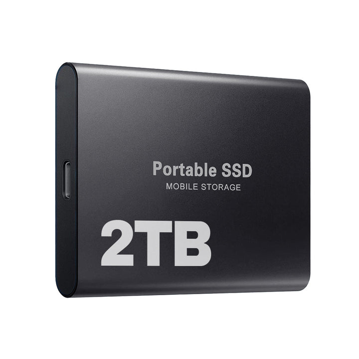 Black slim metal portable drive with USB-C port on a white background.