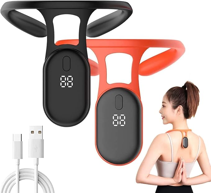 Black neck massager with digital display and white USB cable beside a woman wearing it at the neck.