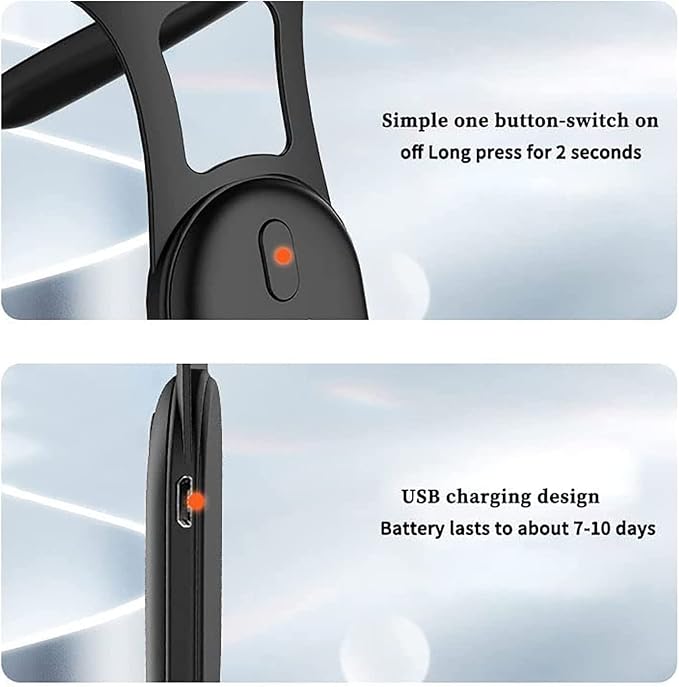 Black neck massager detail showing the power button and charging port.