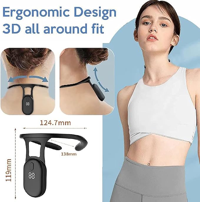 Black neck massager with dimensions and another view of it worn at the back of the neck.
