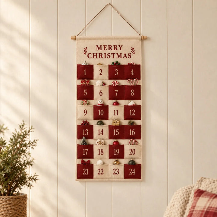 Red and cream fabric advent calendar with 24 pockets hanging from a wooden dowel on a white paneled wall, beside a plant and pillow. 1