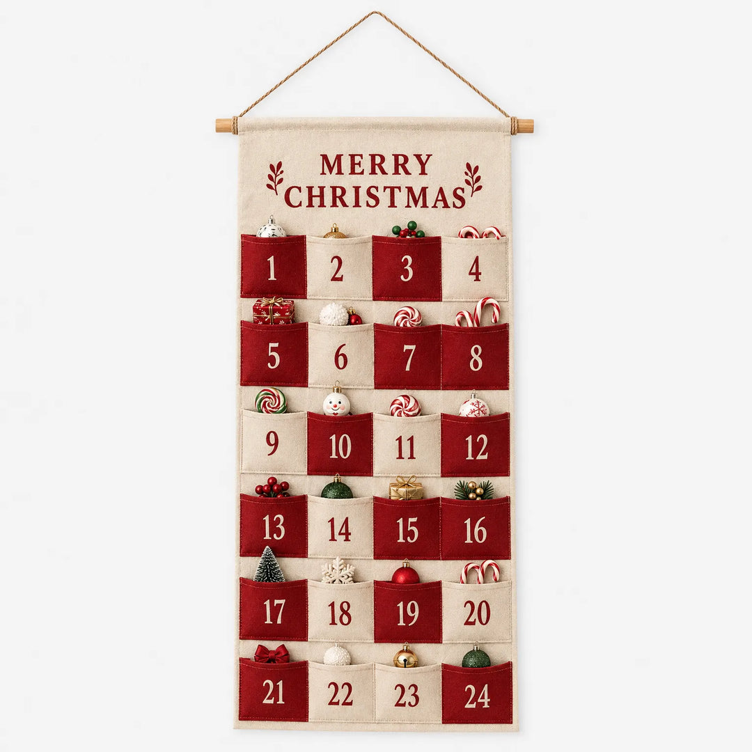 Front view of the red and cream pocket calendar on a plain white background, each numbered pocket holding a small ornament or candy. 2
