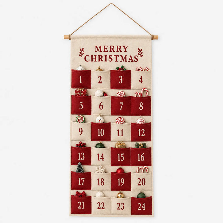 Front view of the red and cream pocket calendar on a plain white background, each numbered pocket holding a small ornament or candy. 2
