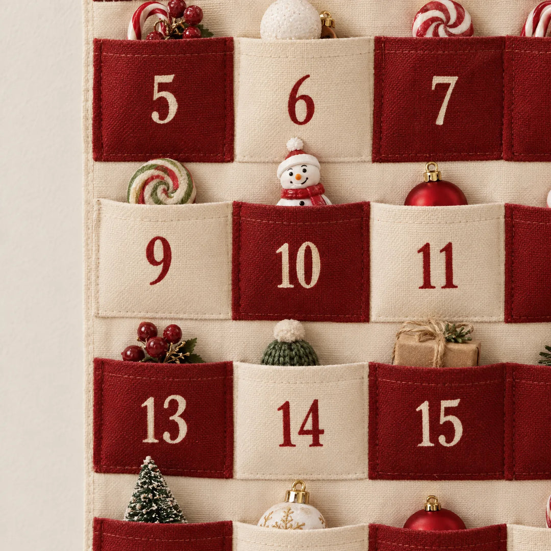 Close-up of the woven fabric pockets numbered 5 to 15, showing stitched edges and tiny snowman, candy and gift decorations peeking out. 3