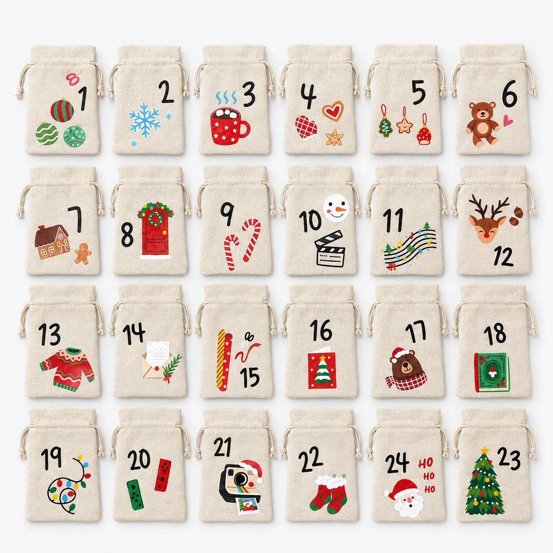 Flat lay of all 24 numbered linen drawstring bags in a grid, each printed with a different Christmas illustration. 2
