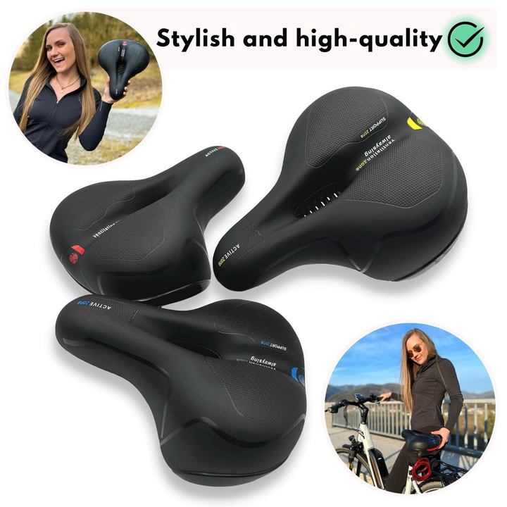 Three black saddles with red, yellow and blue accents arranged together.