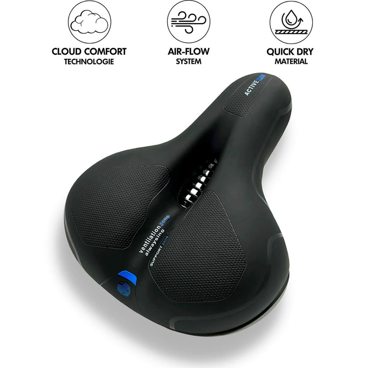Black saddle with blue accents and icons for cushioning, airflow ventilation and quick-dry material.