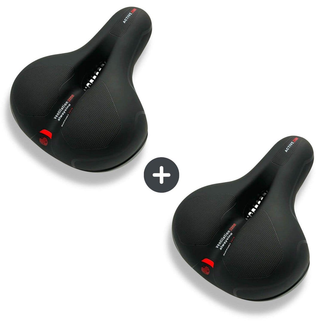 Two black saddles with red accents side by side shown as a two-pack.