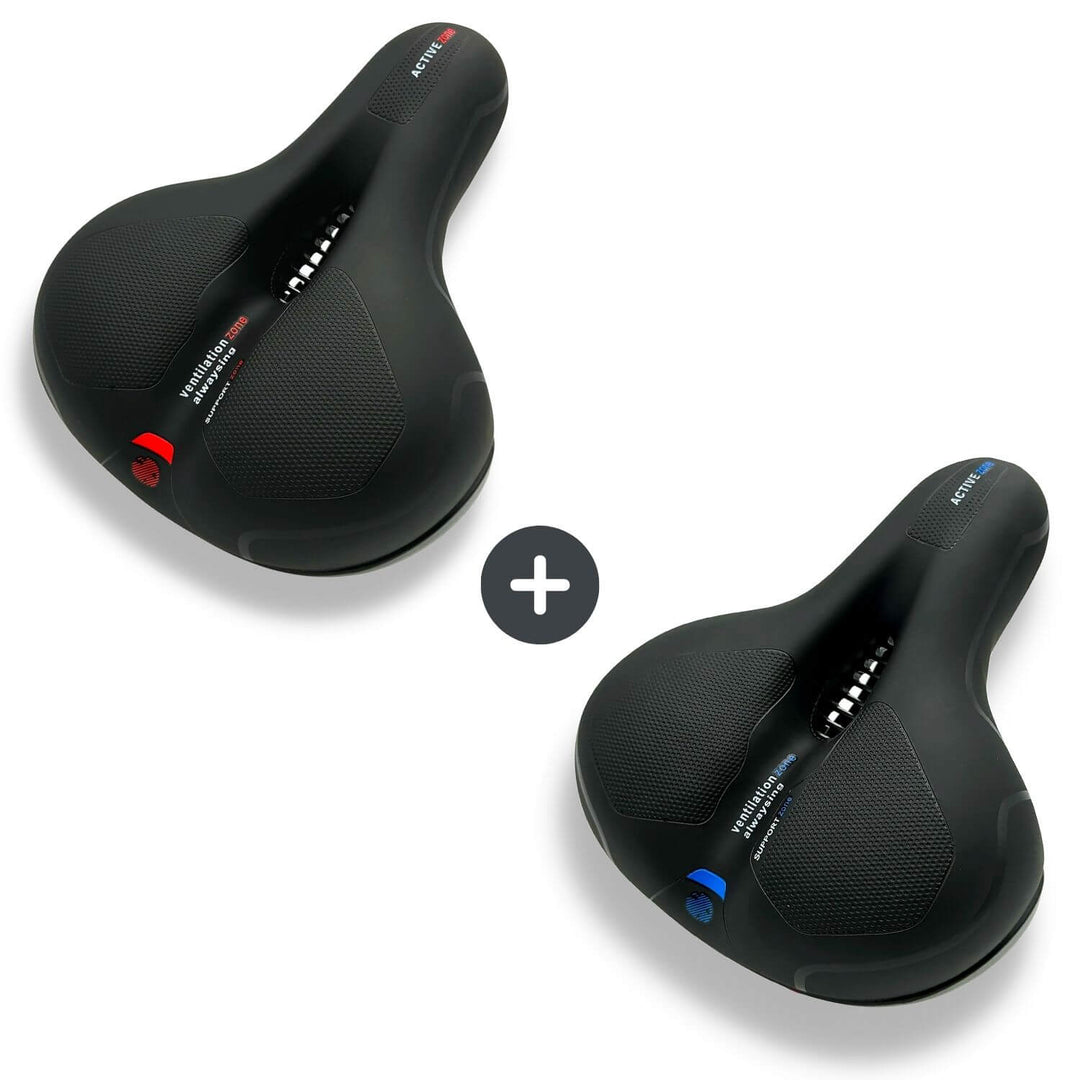 Two-pack bundle with one black saddle with red accents and one with blue accents.