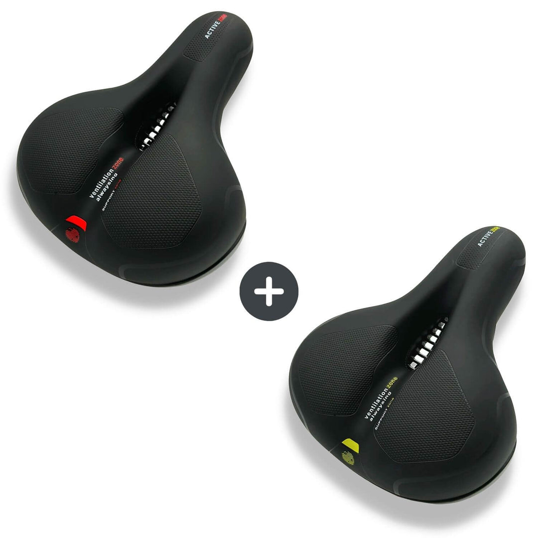 Two-pack bundle with one black saddle with red accents and one with yellow accents.