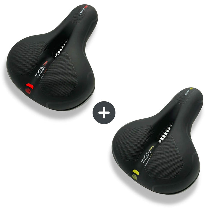 Two-pack bundle with one black saddle with red accents and one with yellow accents.