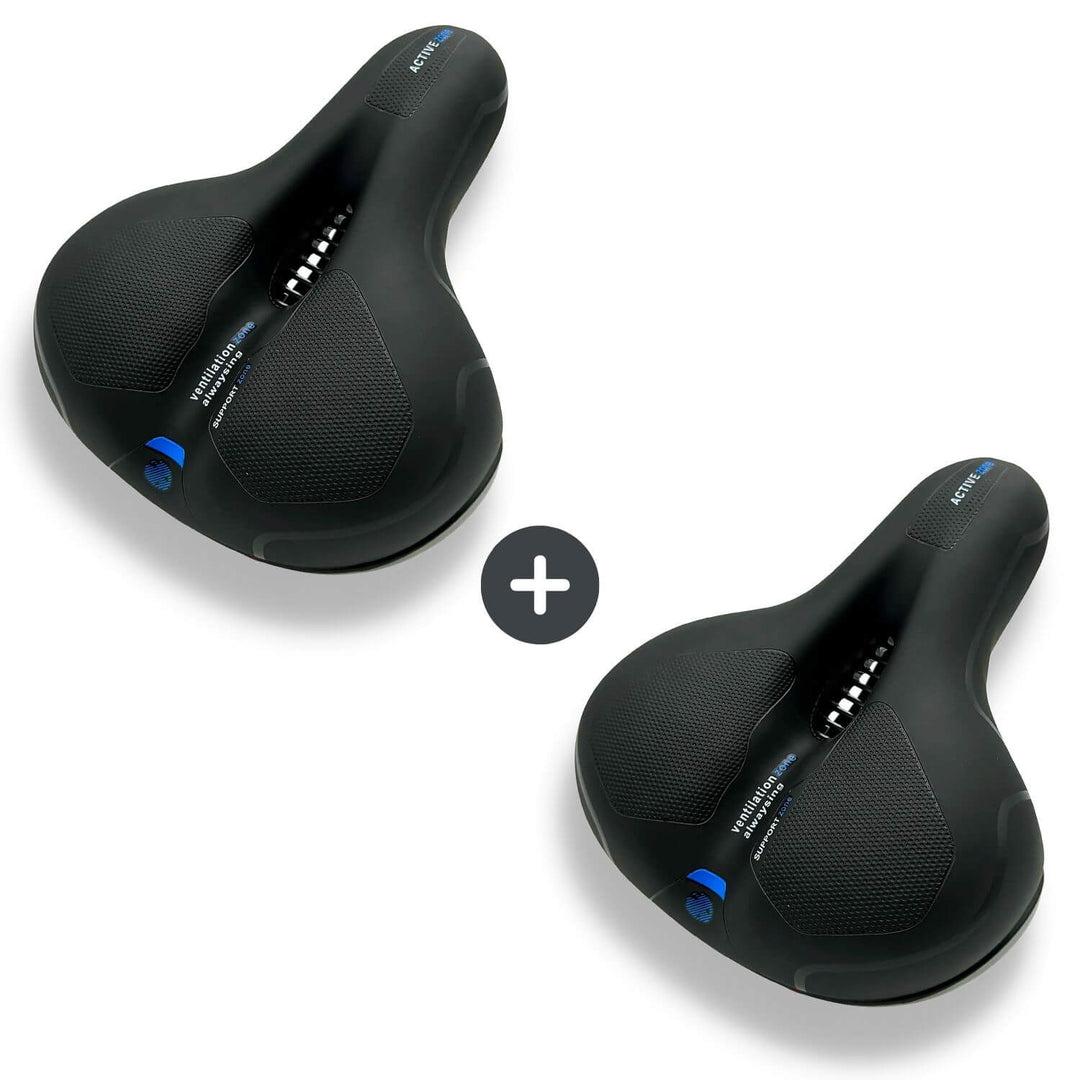 Two-pack bundle showing two black saddles with blue accents.