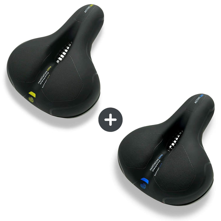 Two-pack bundle with one black saddle with yellow accents and one with blue accents.