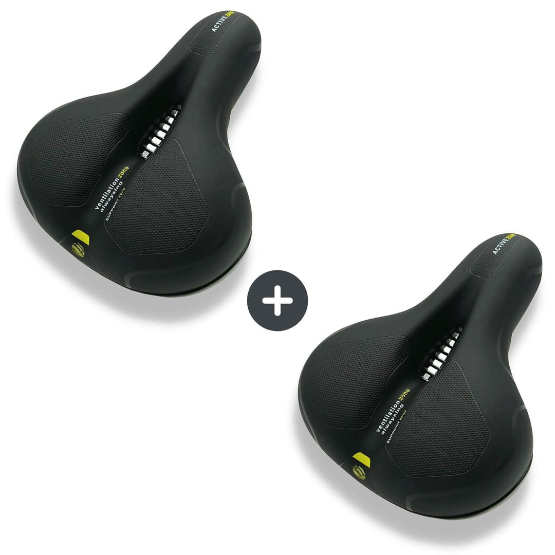 Two-pack bundle showing two black saddles with yellow accents.