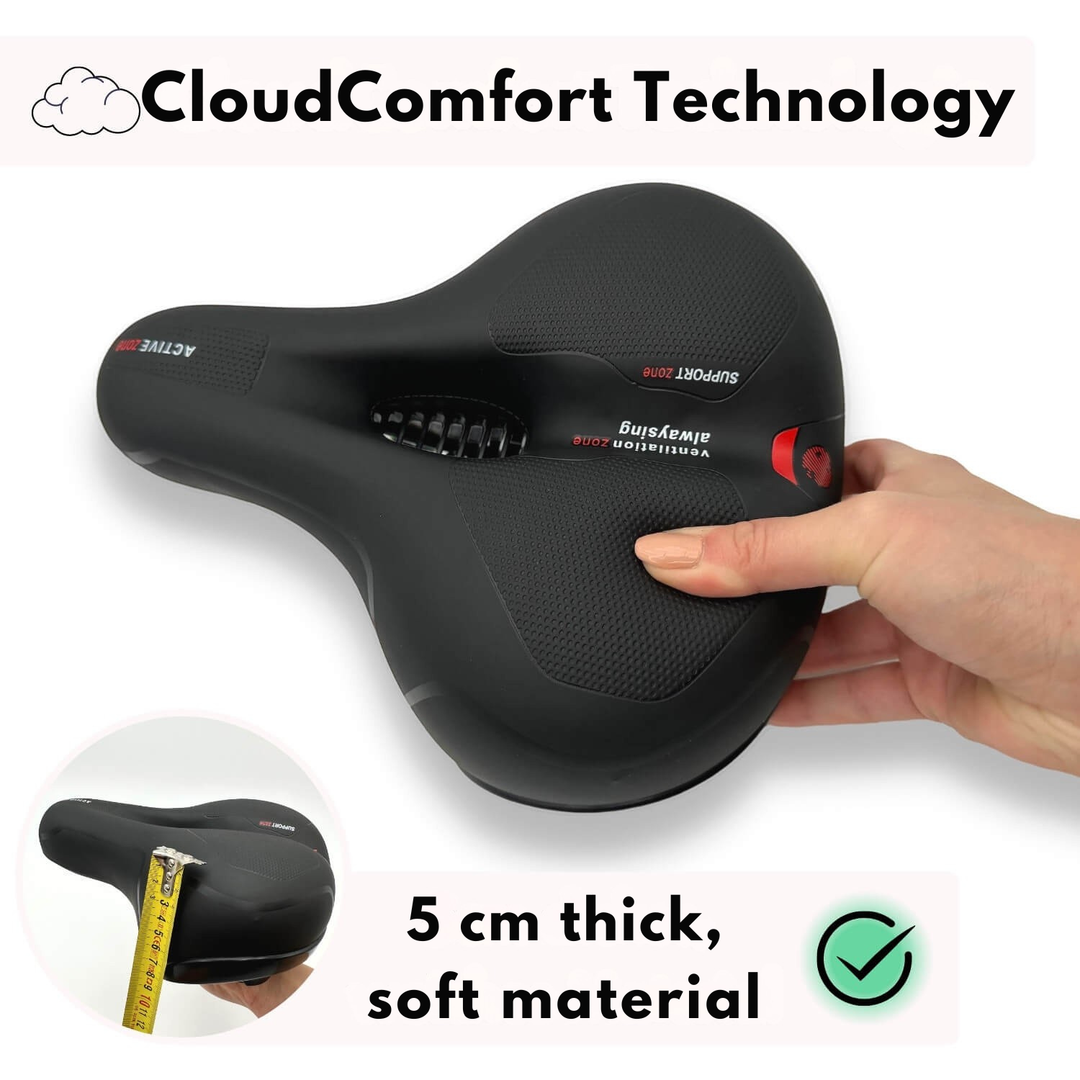 Another view of the black saddle, showing the soft textured pad and thickness detail.