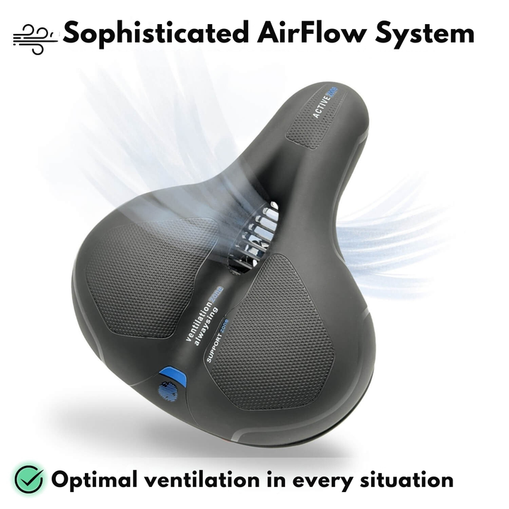 Black saddle with blue accents and a central ventilation channel.