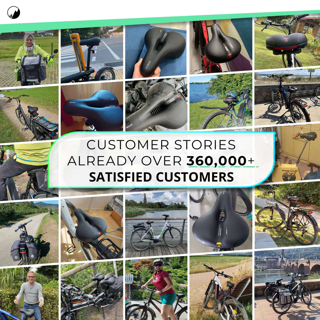 Collage of customer photos showing the saddle on many different bicycles.