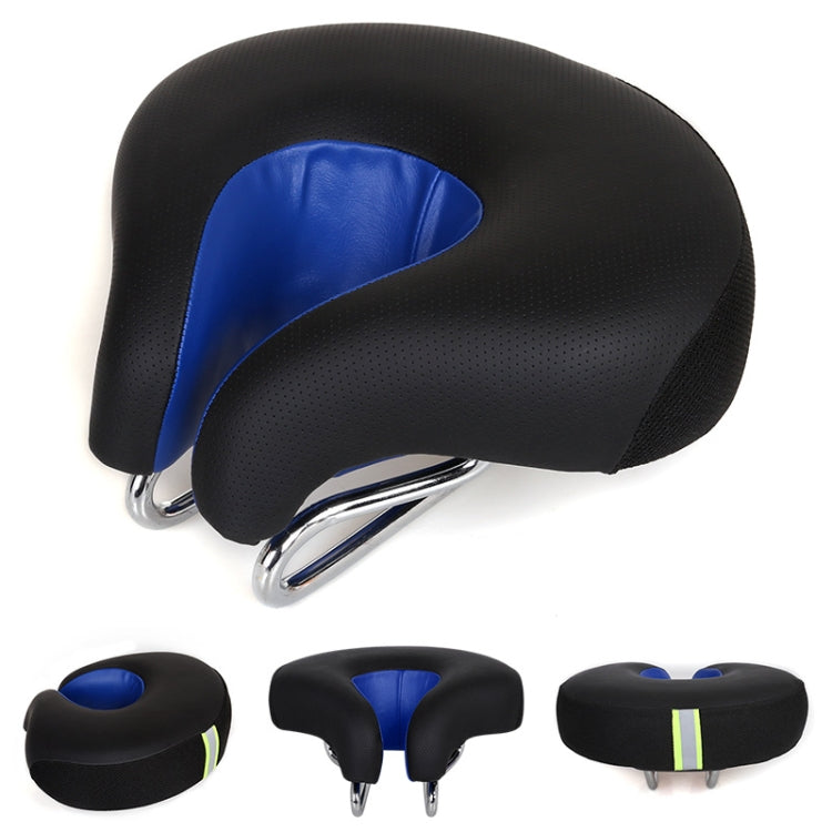 Black and blue noseless bike seat shown from above with side, rear and front detail views.