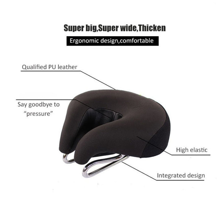Black noseless saddle detail showing the faux-leather cover, pressure-relief cutout, body and chrome rails.