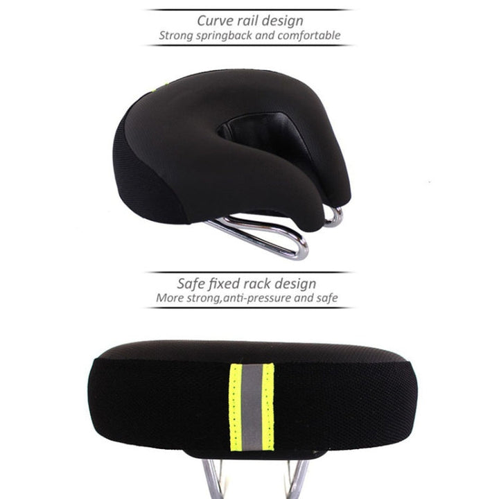 Two views of the saddle detail showing the metal rails and the rear reflective stripe.