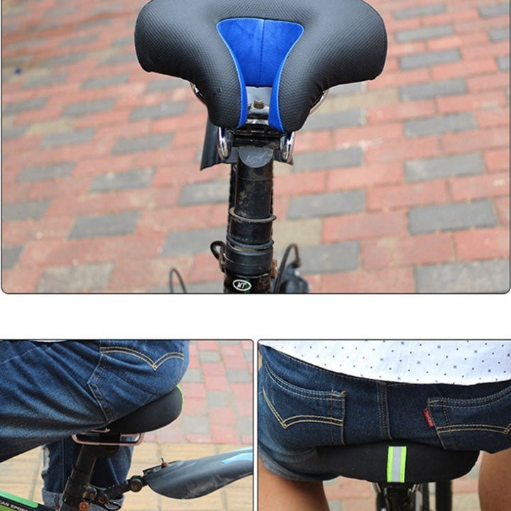 Blue and black noseless saddle mounted on a bike seatpost with close-ups of a rider seated in jeans.