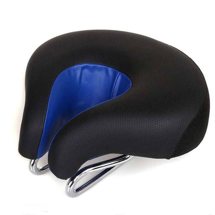 Black perforated faux-leather noseless bike seat with a blue cutout and chrome rails, shown from above.