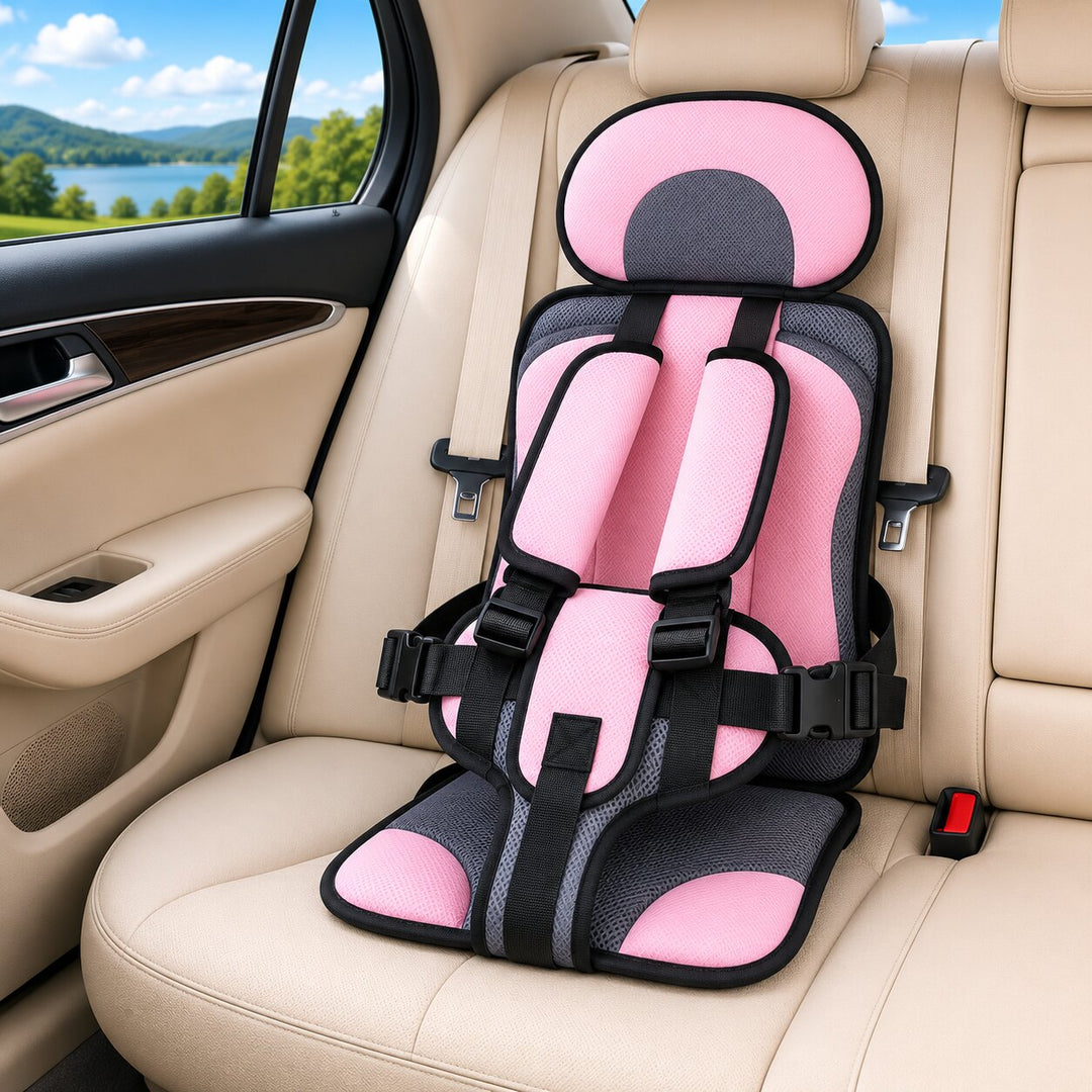Grey foldable car booster seat for kids, another view