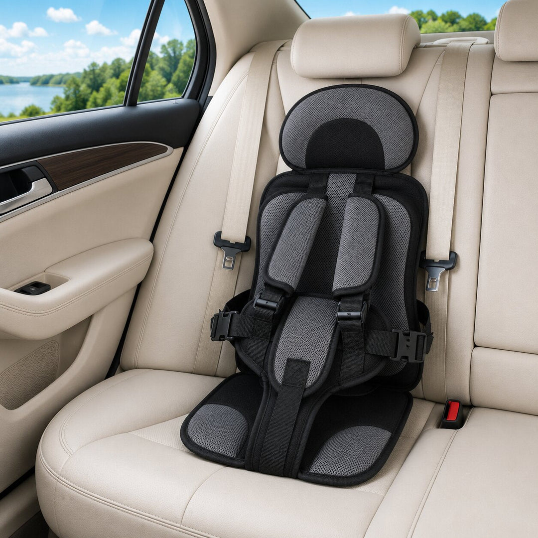 Grey foldable car booster seat for kids, another view